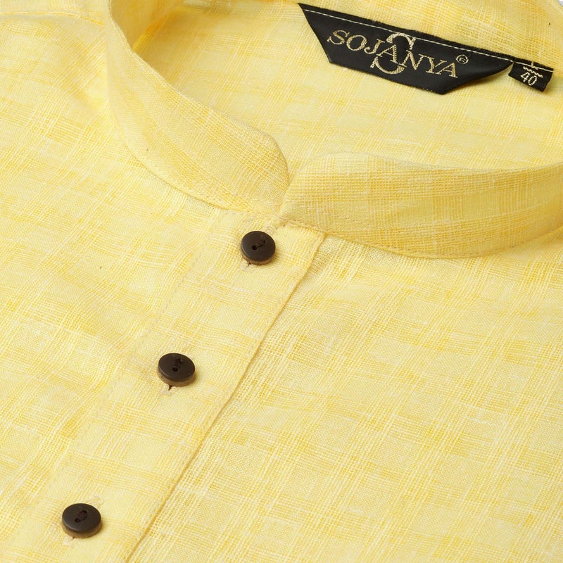 Sojanya (Since 1958 Men'S Cotton Linen Yellow Checked Only Long Kurta, Size 36 - Image 4